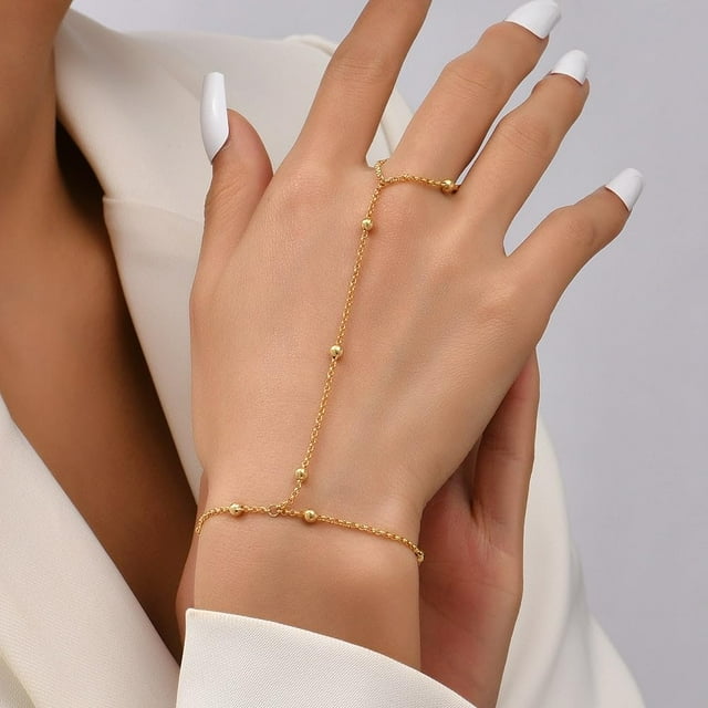 Hand Chain Bracelet Ring Bracelet(Golden),Finger Ring Bracelet Hand Chain for Women Trendy Jewelry(16cm)