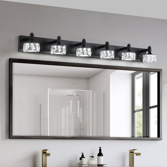 Crystal Vanity Lights for Bathroom,6 Light Bathroom Vanity Light, Modern 43.9in Light Over Mirror Light Fixtures Matte Black