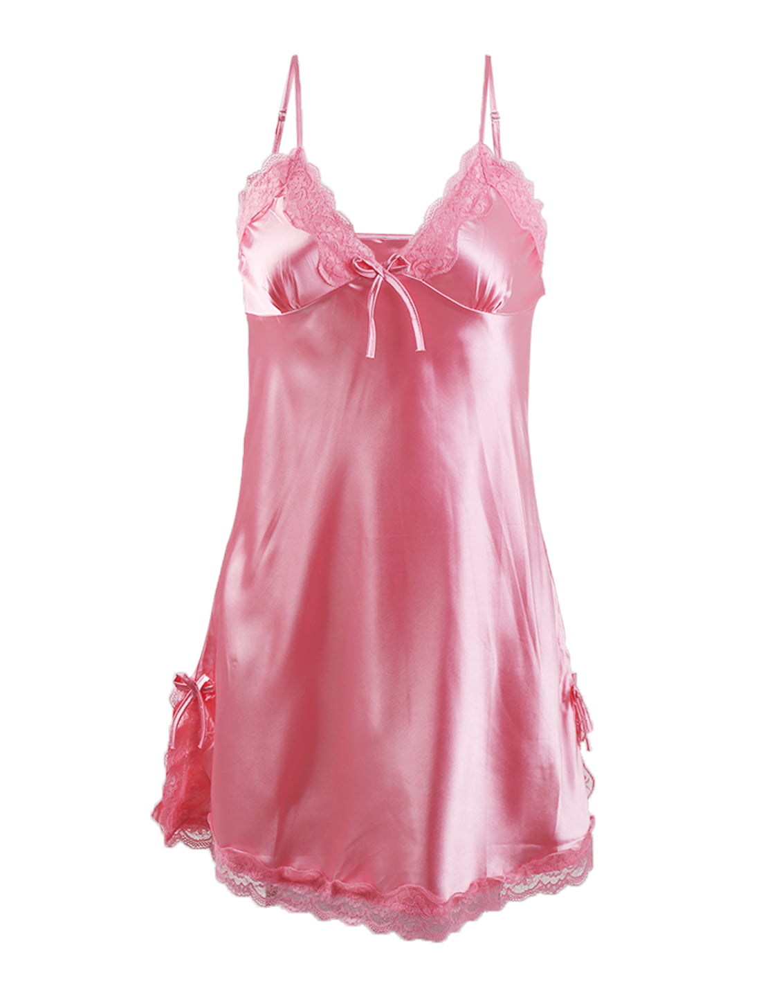 Women Sexy Satin Lace Trim Sleepwear Nightgown Pajama Slip Dress Pink ...