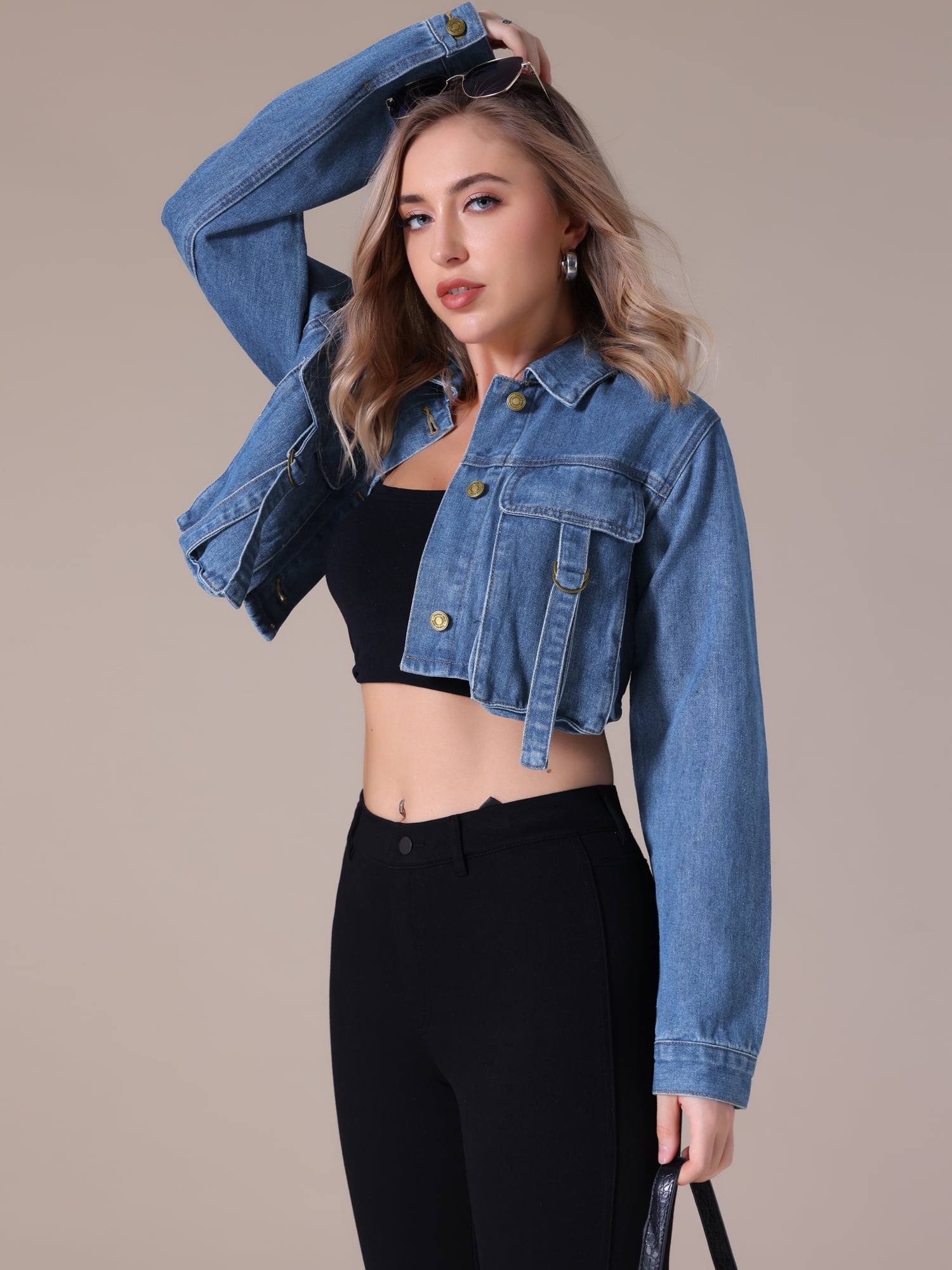 Unique Bargains Women's Button Down Cargo Pockets Washed Jean Jackets S Blue