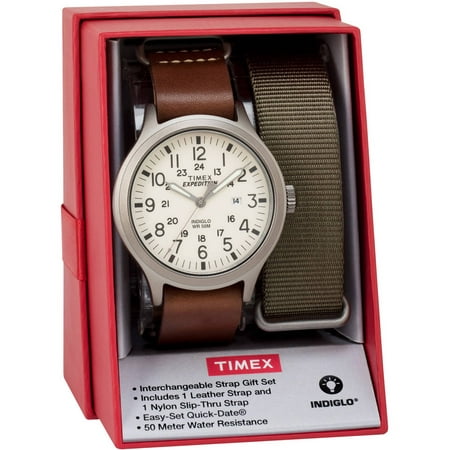 Timex Men's Expedition Scout 43 Watch Gift Set, Brown Leather & Olive Nylon Slip-Thru Straps