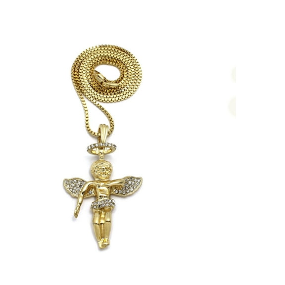 Stone Stud Floating Halo Angel Pendant w/ 2mm 24" Box Chain Necklace, Gold-Tone