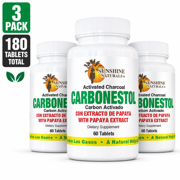 Sunshine Naturals Carbonestol Activated Charcoal Tablets with Papaya Extract, Digestive Dietary Supplement, 60 Count, 3 Pack, 180 Total Tablets