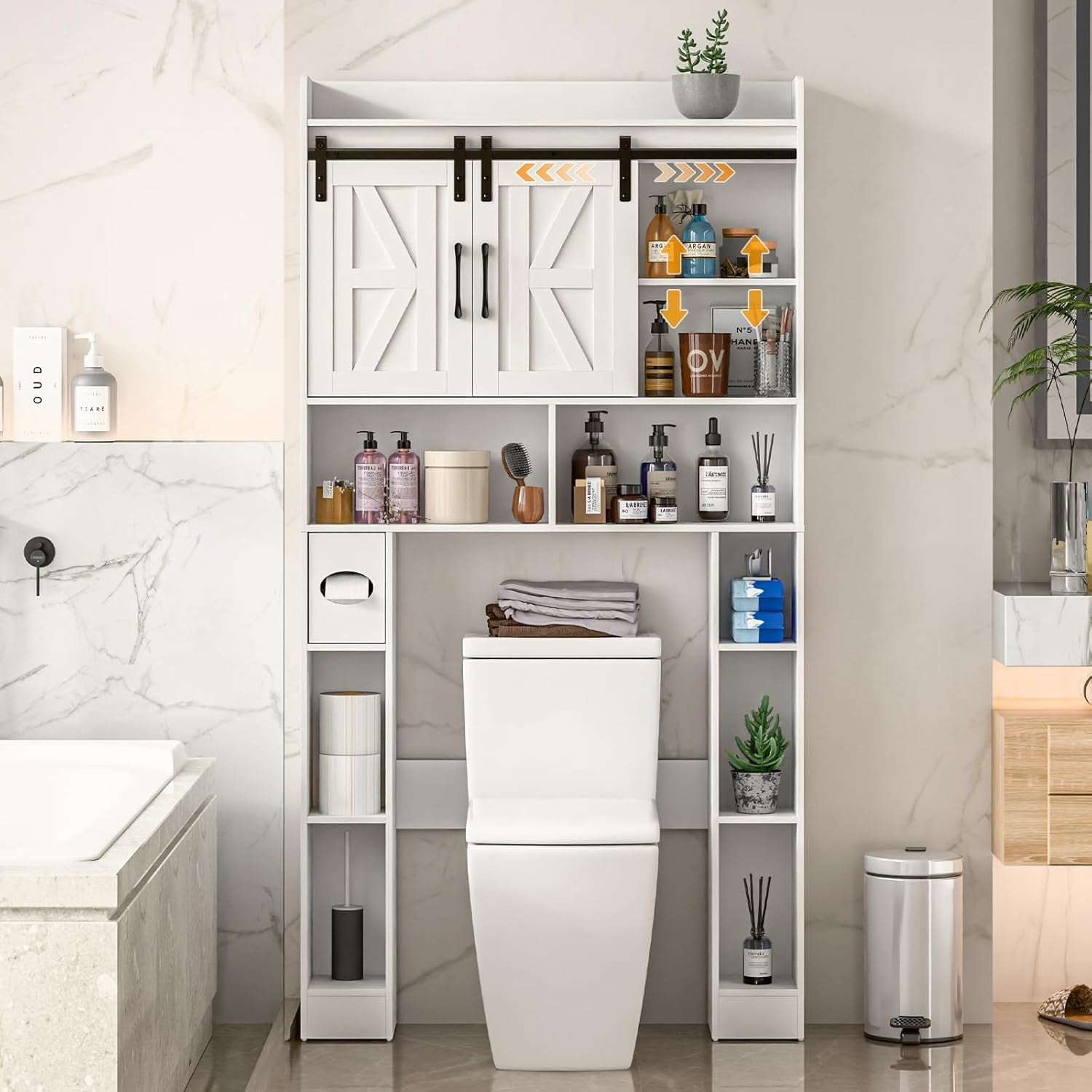 Vabches Over The Toilet Bathroom Storage Cabinet with Sliding Doors, Bathroom Space Saver Organizer Toilet Rack with 6 Storage Shelves, for Bathroom, Restroom, Laundry