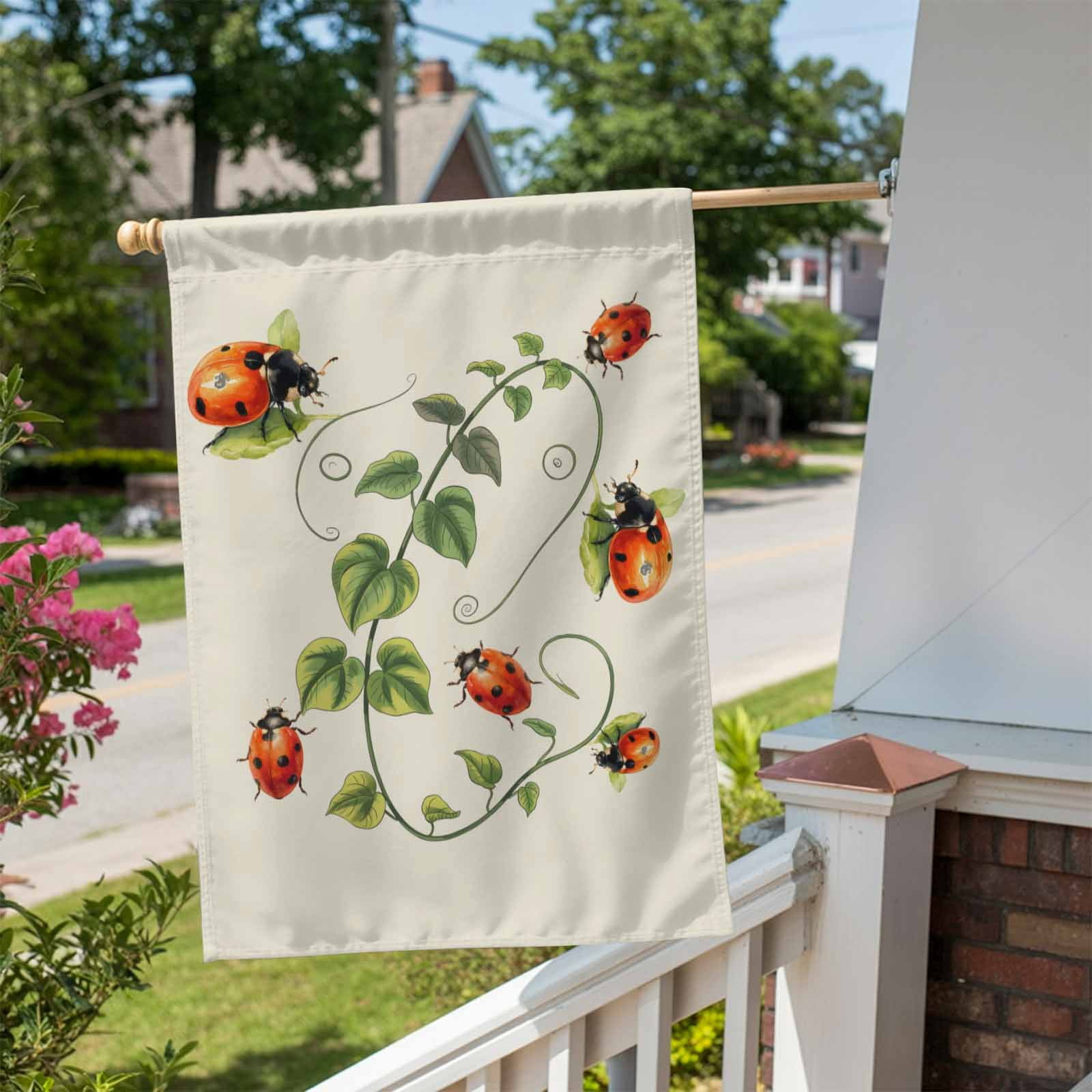 Red Ladybugs House Flag 28 x 40 Inches, Vines Cartoon Leaves Spring Plants Green Weather Proof Outdoor Patio Flags Double Sided Small House Decoration for Yard Lawn Outside Home