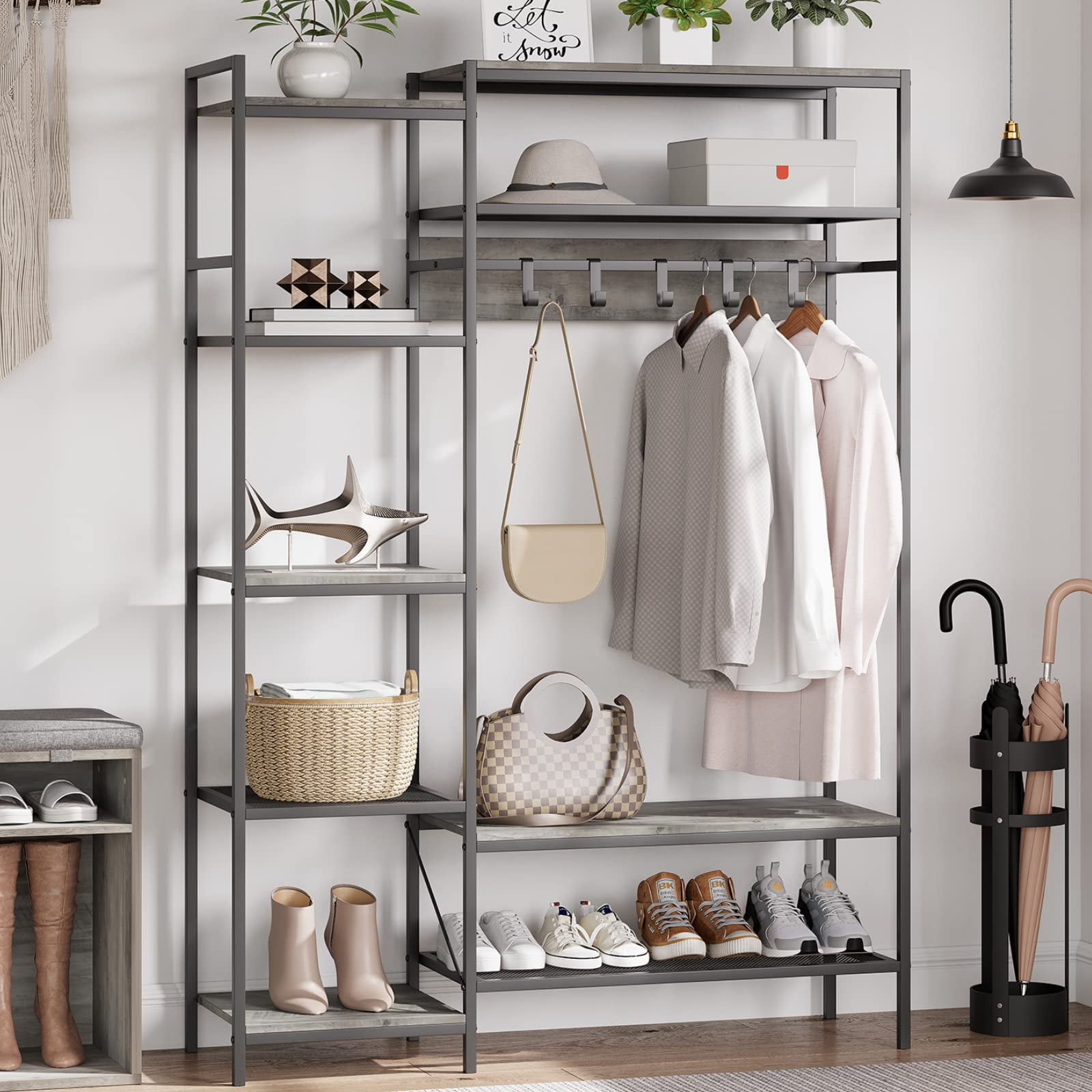 LITTLE TREE 75 inch Tall Freestanding Closet Organizer Small Clothes Rack  Coat Rack with Drawers and Shelves, Heavy Duty Small Garment Rack  Industrial