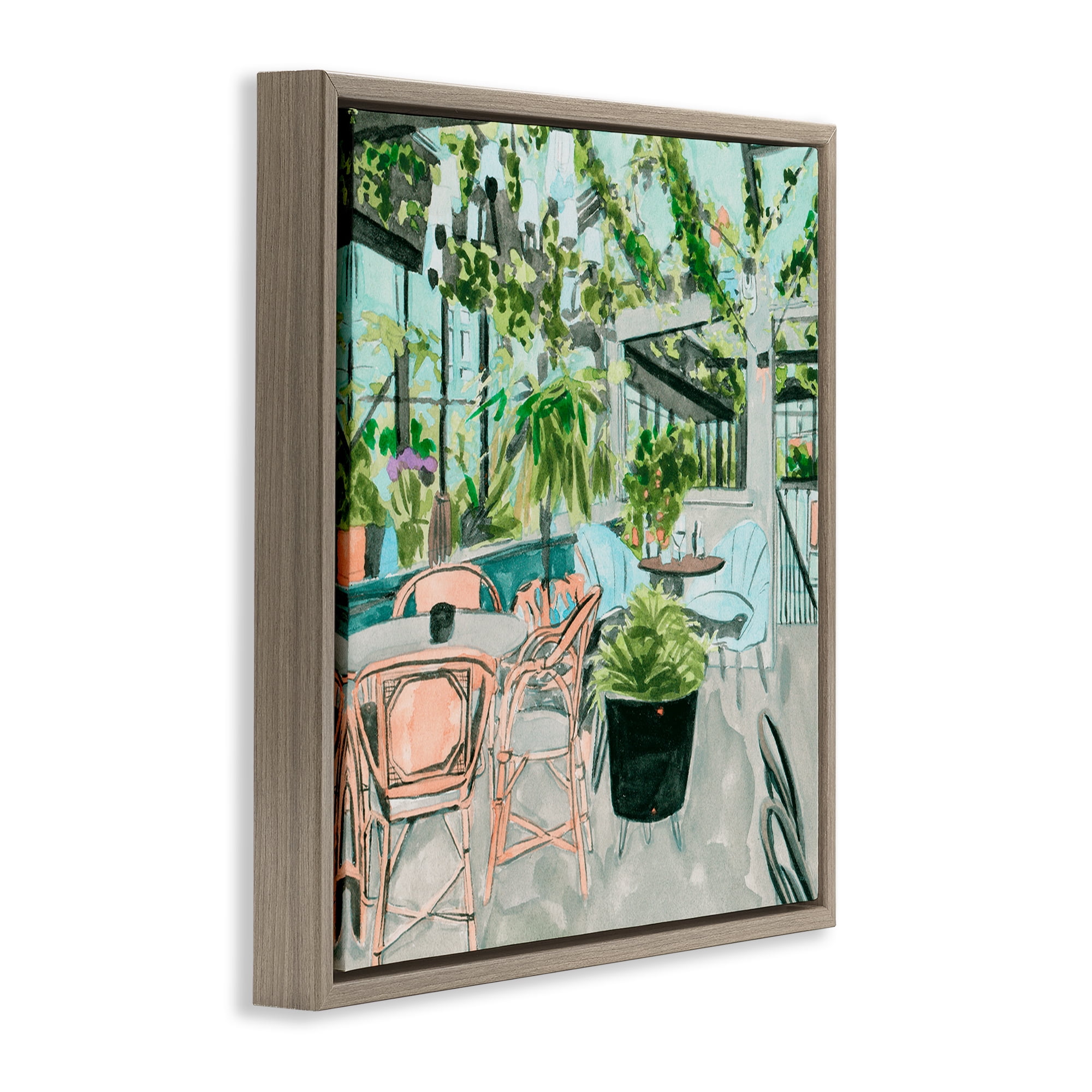 Stupell Industries Plant Filled Bistro Furniture Painting Brown Floater Framed Canvas Art Print Wall Art, 18 x 18