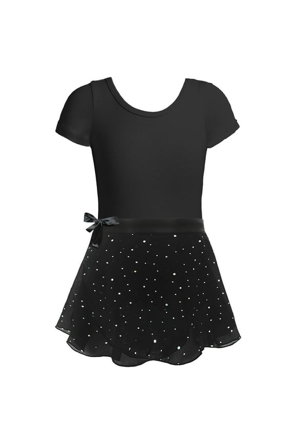 Girls Ballet Dance Leotard Dress Short Sleeve Dancewear Skirt Outfits, Sizes 5-6