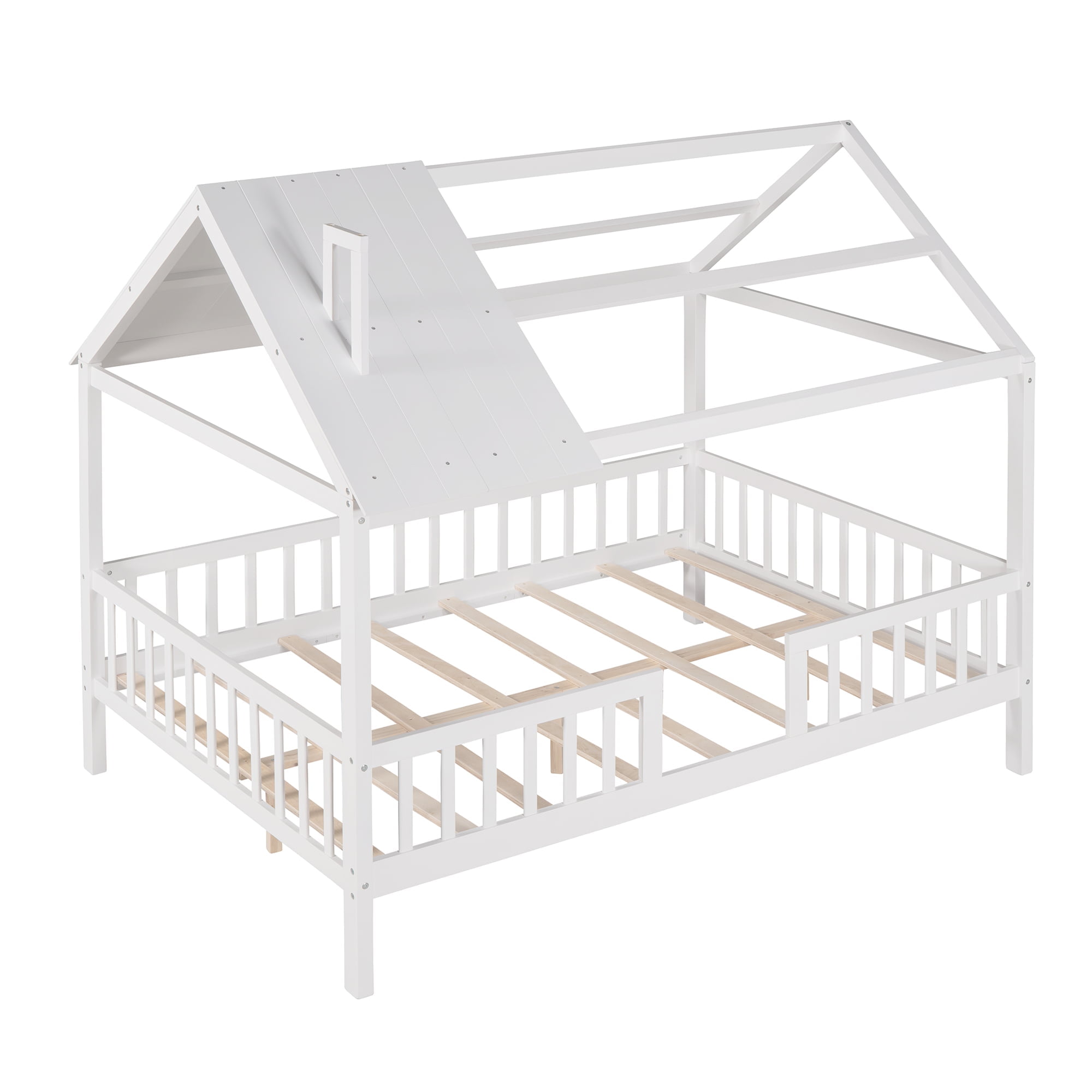 Bellemave Full House Bed, Full Size Wood Bed Frame with Roof and Fence, Montessori Beds Frame with Slats, No Box Spring Needed (White)