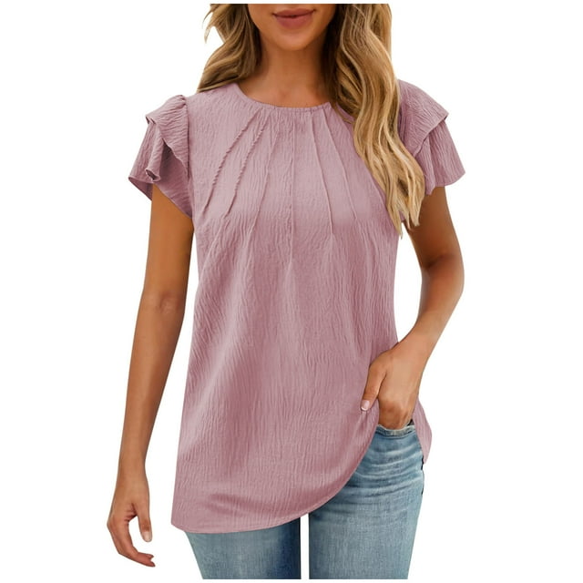 Pisexur Hauts pour Femmes Col Rond Charmant Hauts Mignons pour Femmes Blouses à Détails Volants pour Femmes Vêtements Décontractés Multicolores, Hauts d'Été