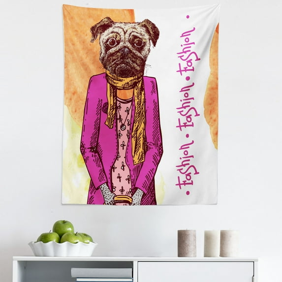 Pug Tapestry, Fashion Dog with Cool Clothes Scarf Necklace Jacket Handbag Tainted Background, Fabric Wall Hanging Decor for Bedroom Living Room Dorm, 5 Sizes, Hot Pink Amber, by Ambesonne