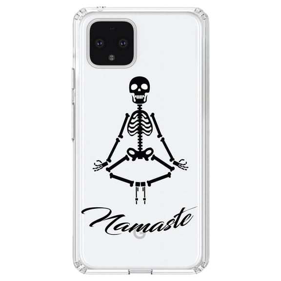 DistinctInk Clear Shockproof Hybrid Case for Google Pixel 4 XL (6.3" Screen) - TPU Bumper, Acrylic Back, Tempered Glass Screen Protector - Namaste Yoga Skeleton