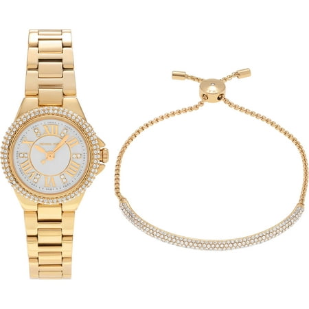 Michael Kors Women's Stainless Steel MK3653 Petite Camille Crystal Link Slider Bracelet and Dress Watch Set, 2 Pieces