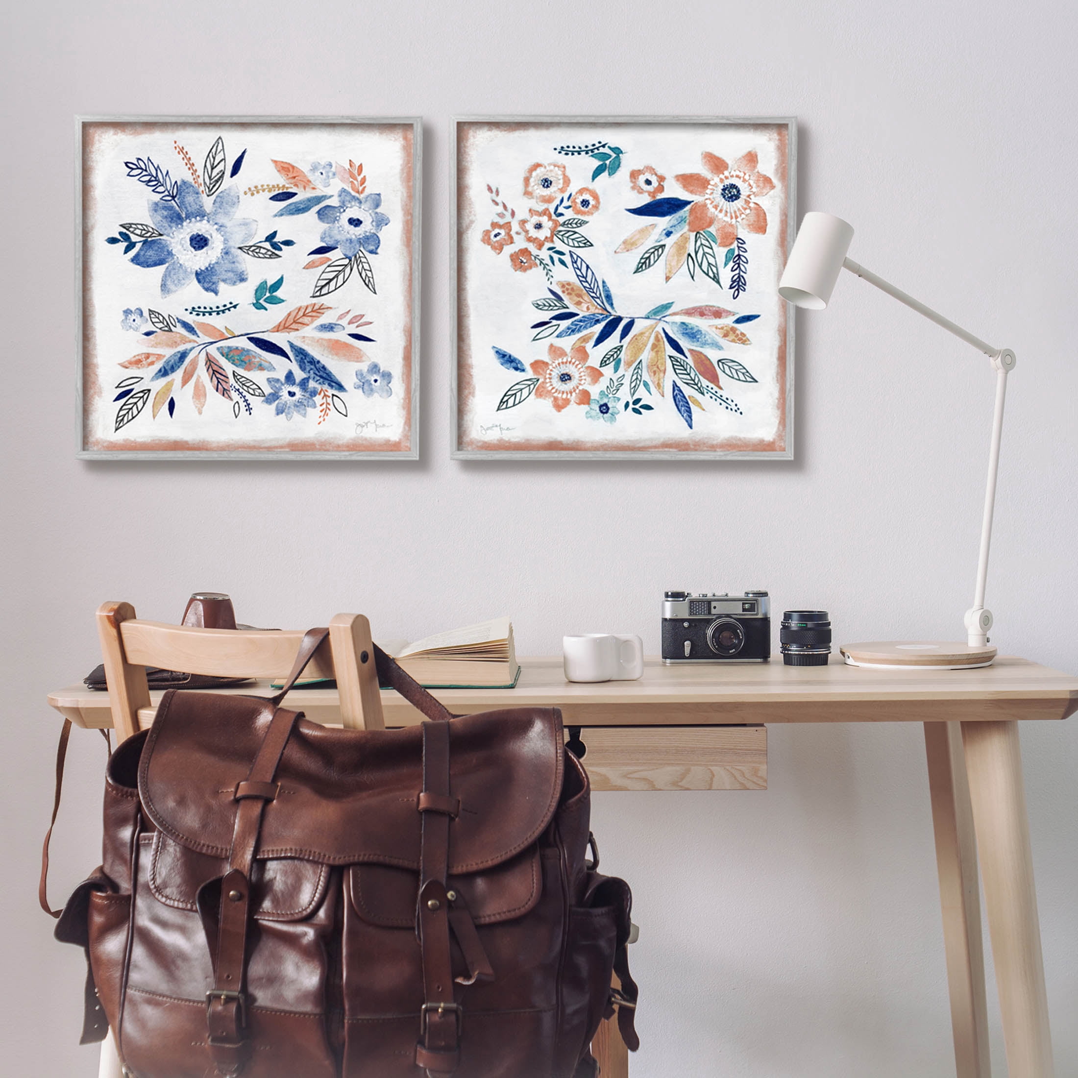 Abstract Farmhouse Flowers and Leaves Botanical & Floral Painting Gray Framed Art Print Wall Art, Set of 2