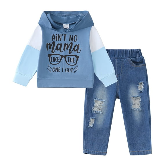5T Baby Boys Clothes 6Y Boys 2PCS Hoodie Outfits Set Letter Print Little Boys Long Sleeve Top Denim Pants Set Blue