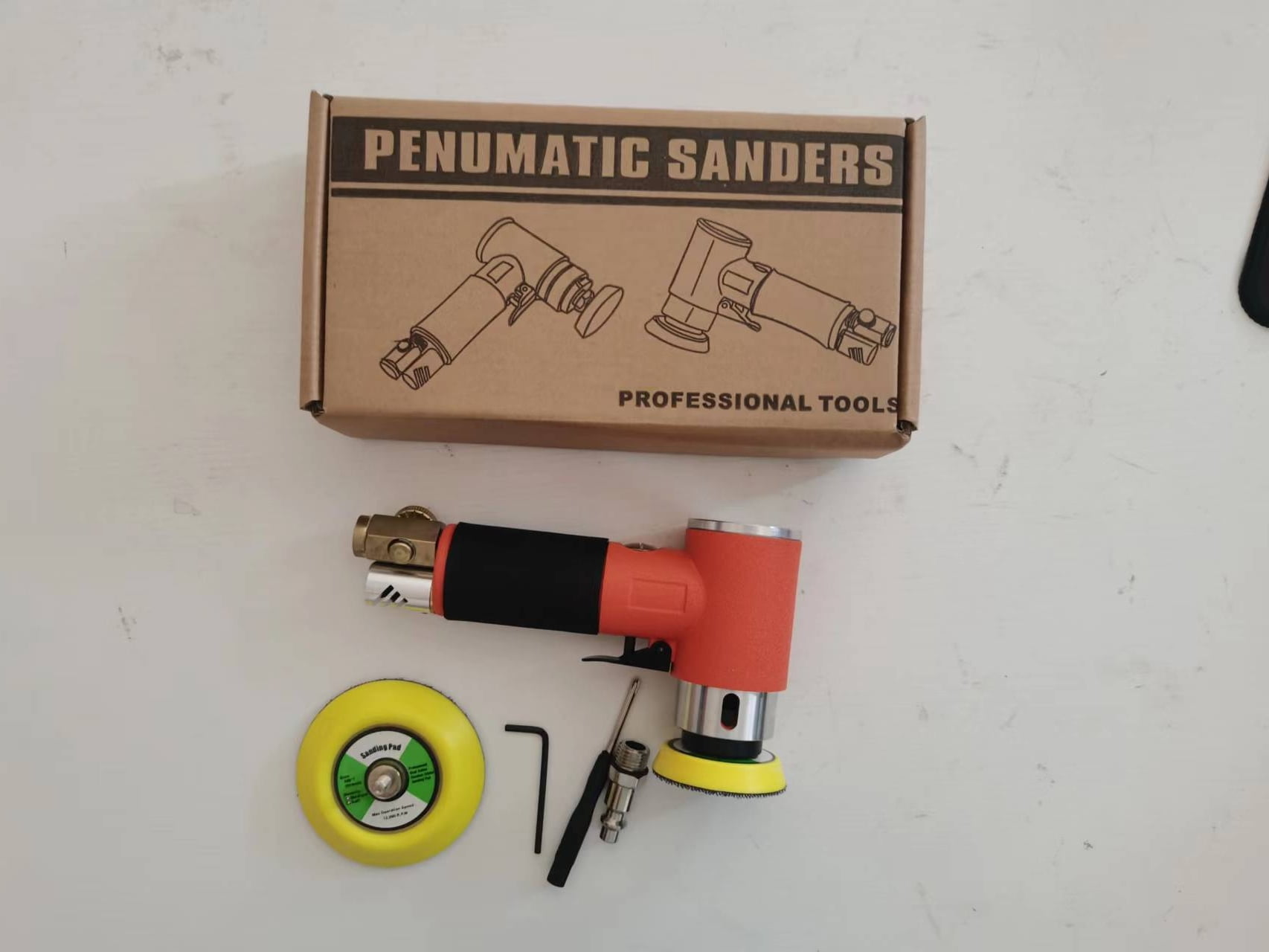 Mini Air Polisher 2/3 Inch Random Orbital Small Pneumatic Sander Eccentric Polisher Sandpaper Machine Automatic Beauty Power Tool (16000RPM) (2'' 3'' Pitted Texture Orange Air Sander)