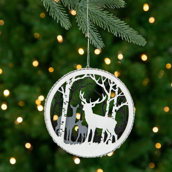 Northlight Reindeer with Forest Christmas Disc Ornament - 4.25" - Gray and White