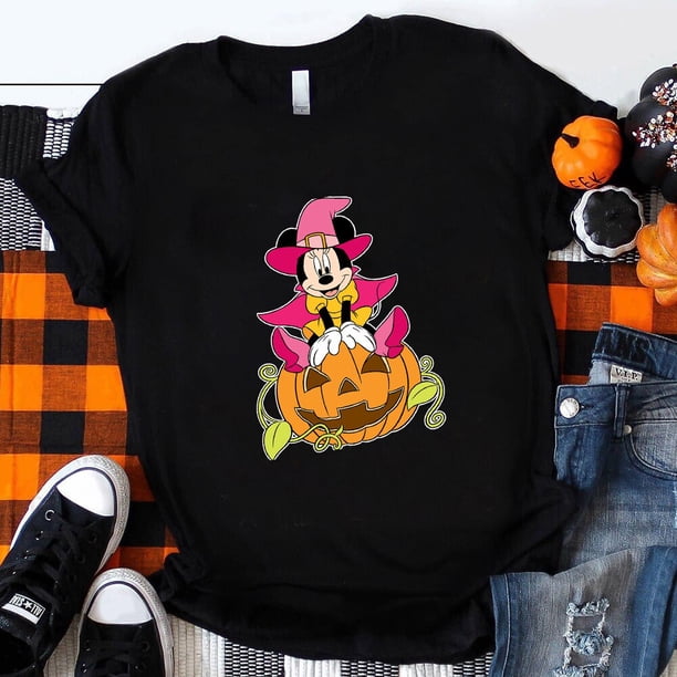 Funny Mickey Mouse Pumpkin Print Halloween T-shirt Black Hipster Trend Disney Women Clothes Streetwear Harajuku Fall CasualXXL Gao Jinjia LED