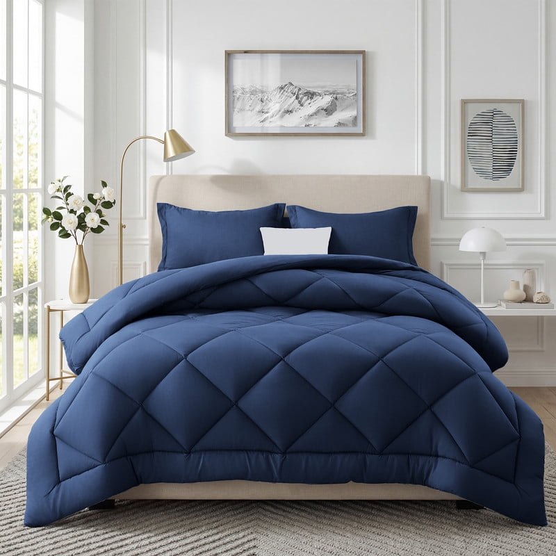 3 Pieces Twin Size Comforter Set, All Season Lightweight Breathable Bedding Set with 1 Down Alternative Comforter and 2 Pillowcases, Navy