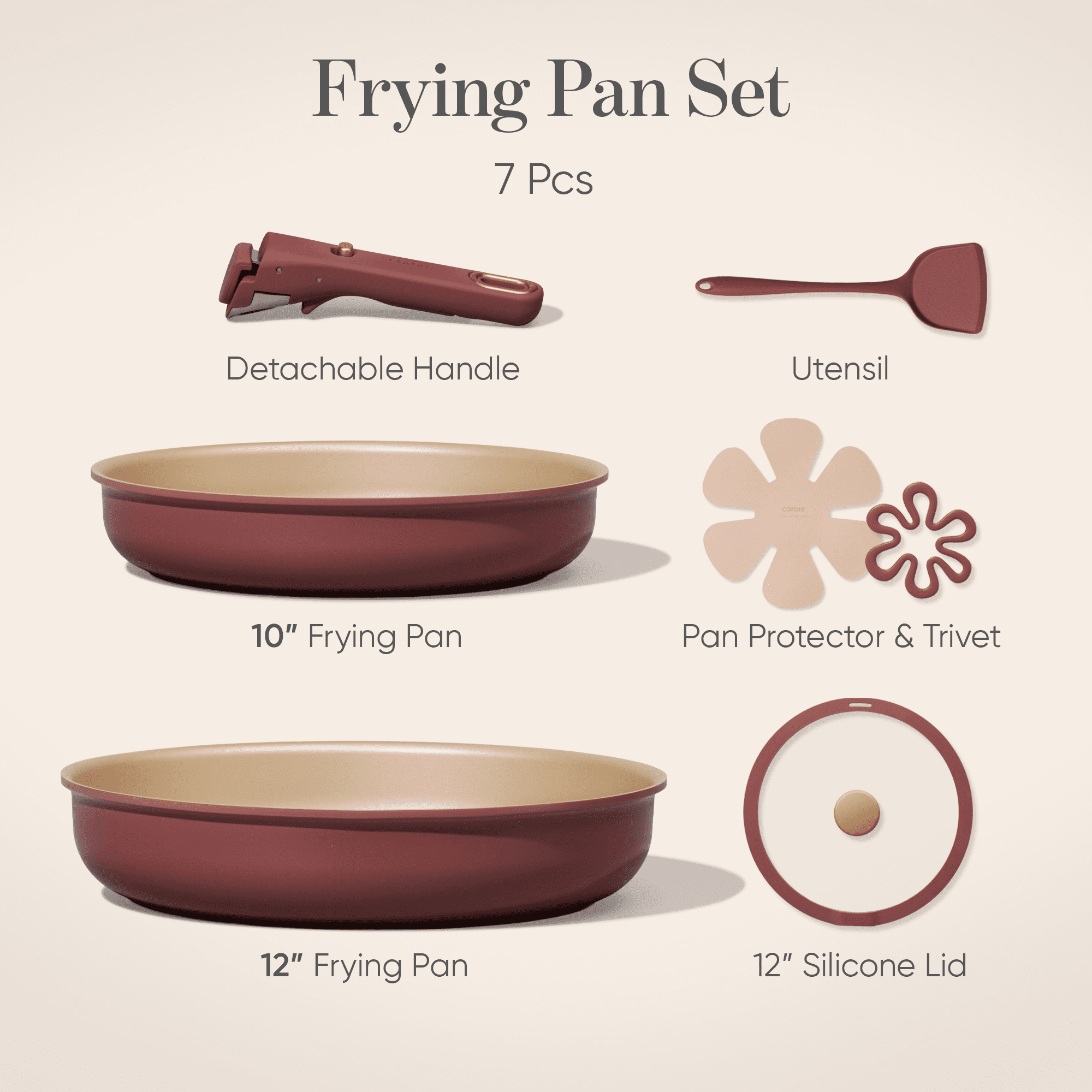 Carote 7 Pcs Nonstick Frying Pans Set with Lid, Skillets with Detachable Handle, Oven Safe, Induction Cookware, Stackable Kitchen Set, Red