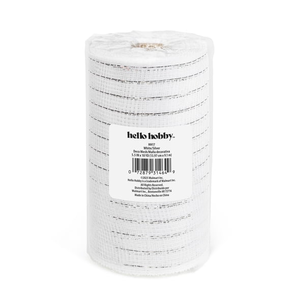 Hello Hobby White and Silver Deco Mesh, 5.5 in x 10 yd for Crafts, Ribbons and Decorations