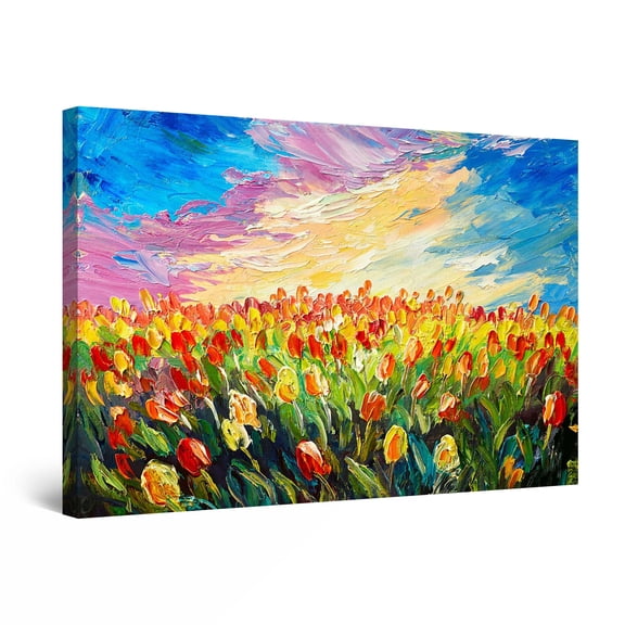 Startonight Canvas Wall Art Abstract - Red Yellow Tulips Field Painting - Large Framed 32" x 48"