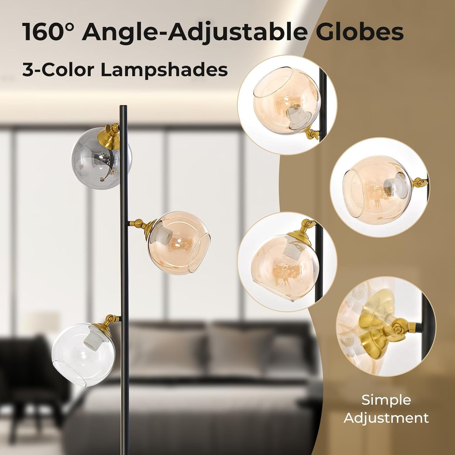 Neatifyes Mid Century Floor Lamp, Modern Freestanding Lamp with 3 Glass Globe Lampshades, Weighted Base, Convenient Foot Switch, Standing Tree Lamp for Bedroom Living Room, E26 Bulb Base (Art Deco)