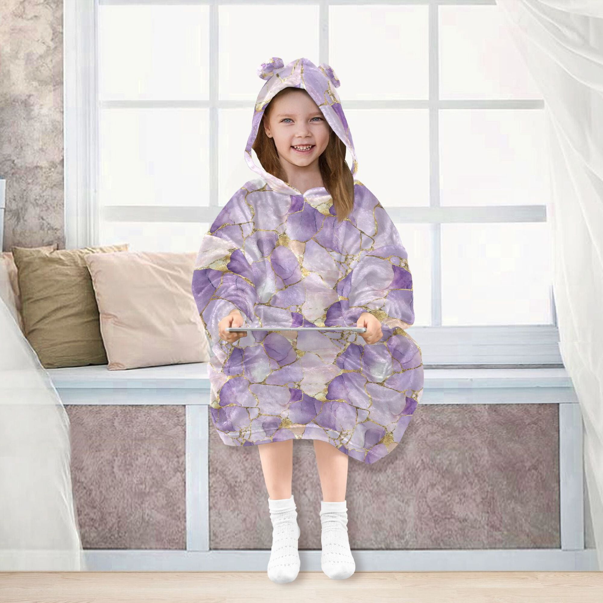 FORMRS Wearable Blanket Hoodie with Sleeves for Kids Cozy Flannel Sweatshirt, Pastel Purple Marble Pattern