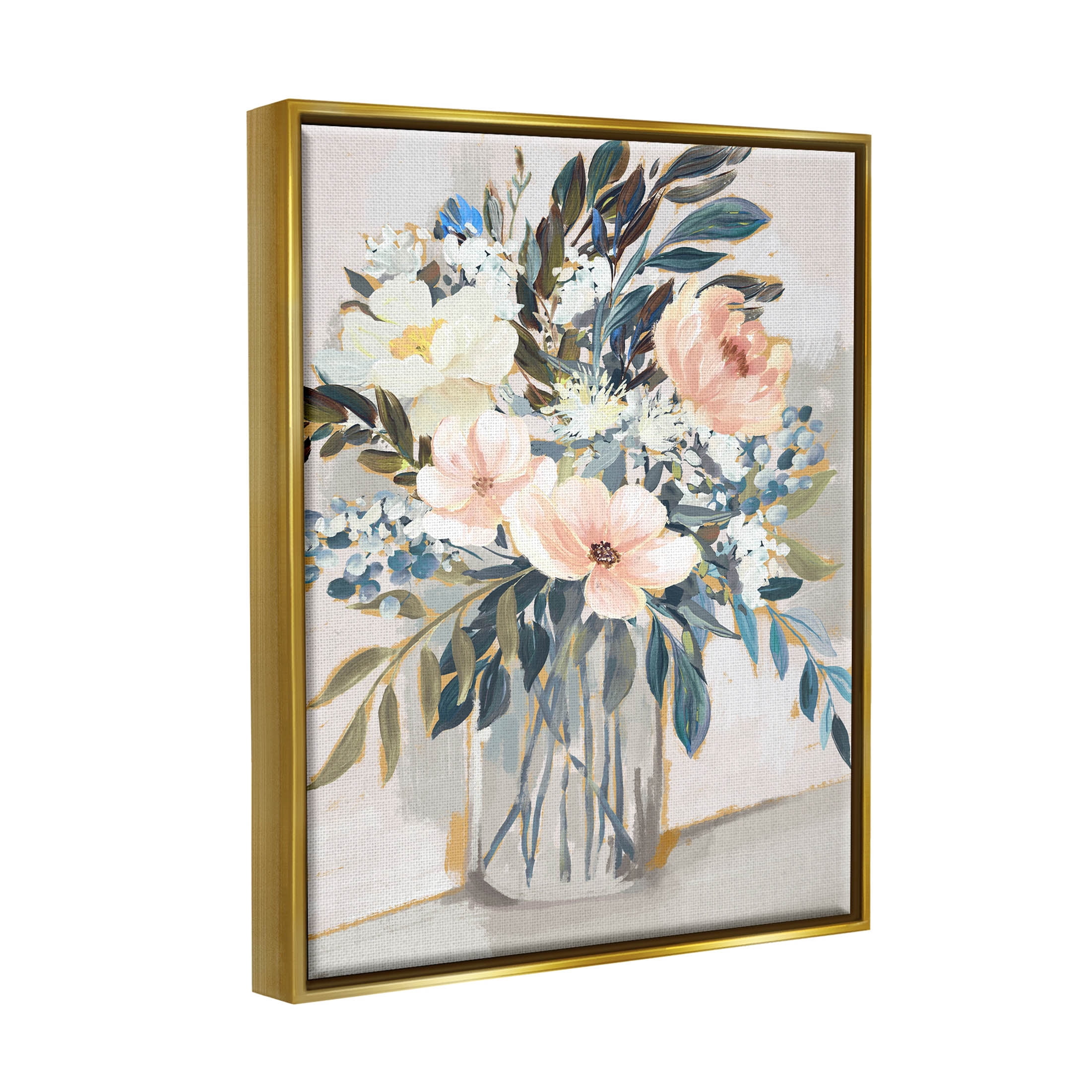 Stupell Industries Pink Overflowing Floral Bouquet Painting Metallic Gold Floating Framed Canvas Print Wall Art, Design by Nina Blue