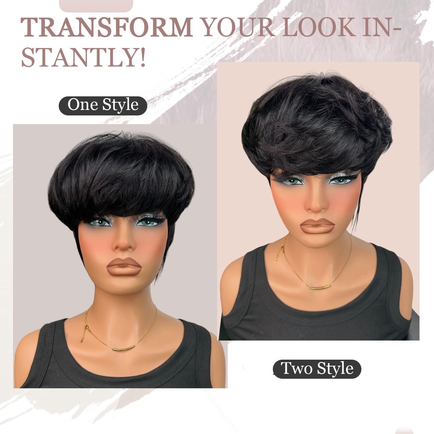 Short Straight Pixie Cut Wig Ombre 1B# Human Hair With Bangs 150% Density Full Machine Made Wigs For Women