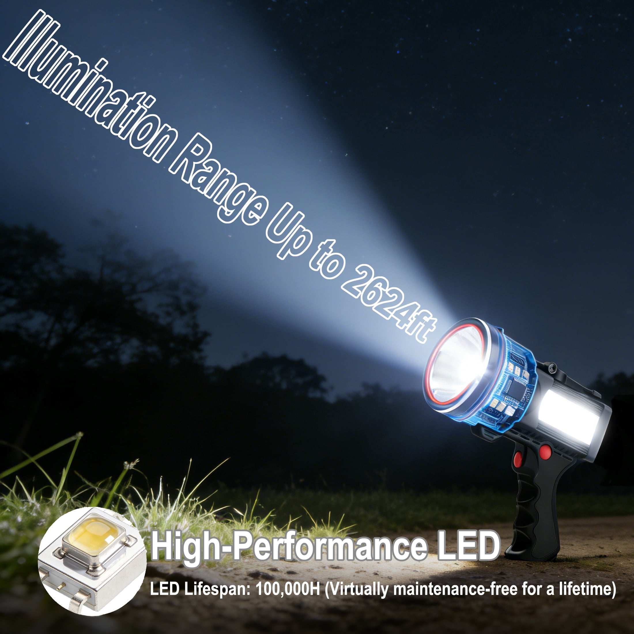 EZBY Flashlight,150000 Lumens Rechargeable Spotlight Flashlight,12800mAh High Power LED Handheld Spotlight with 6 Modes, 7 Colors,Waterproof for Camping Hunting Emergency