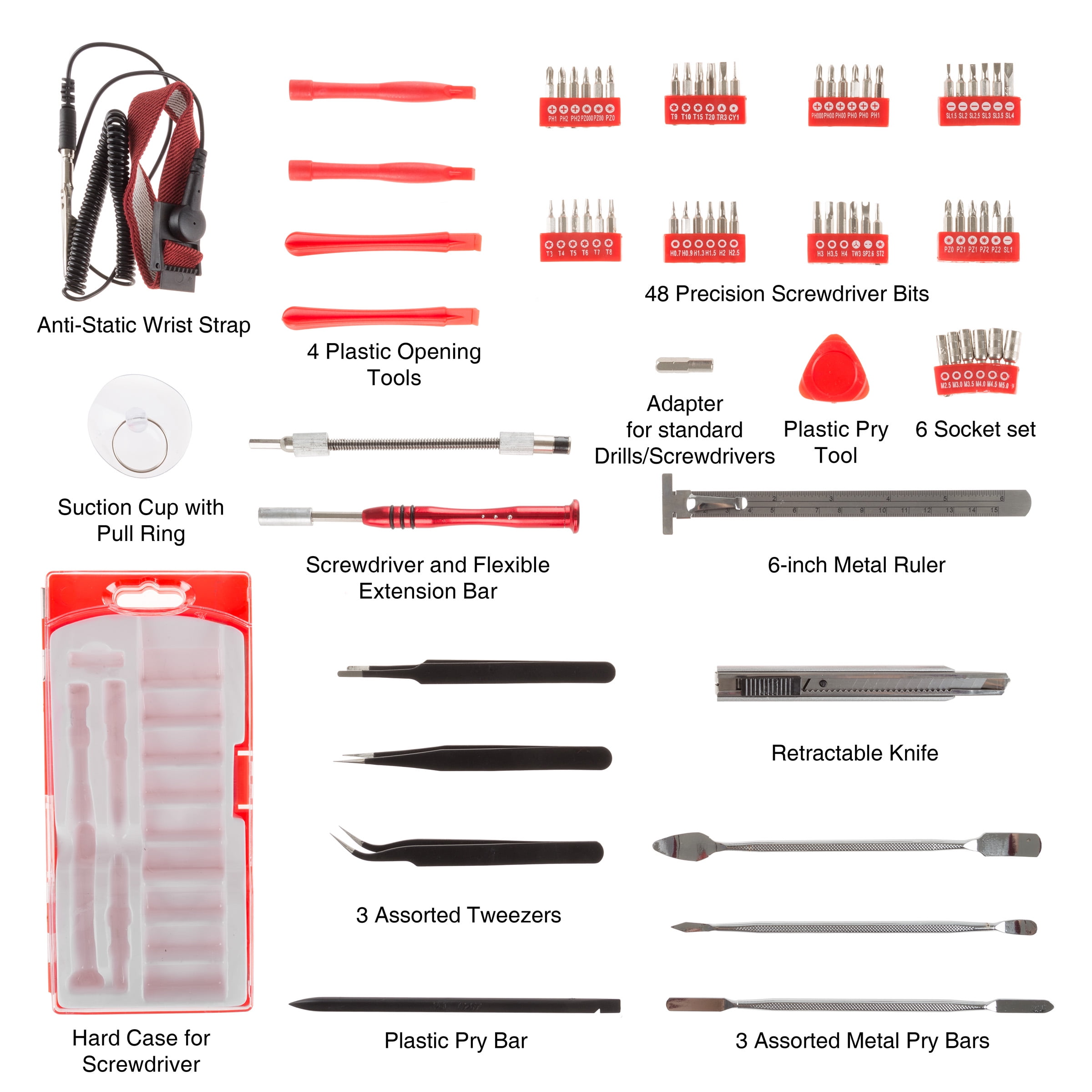 Stalwart Electronic Repair Tech Tool Kit- 70 Piece Set with Precision Screwdriver, Bits, Tweezers and More For Repairing Cell Phone/Tablet/Laptop