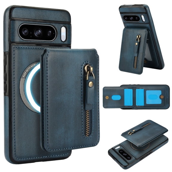 Compatible with Magsafe 2 in 1 Detachable for Google Pixel 10 /10 Pro Wallet Case with Card Holder Women Men,Magnetic PU Leather RFID Blocking Back Flip Stand Zipper Slot Shockproof Cover, Blue