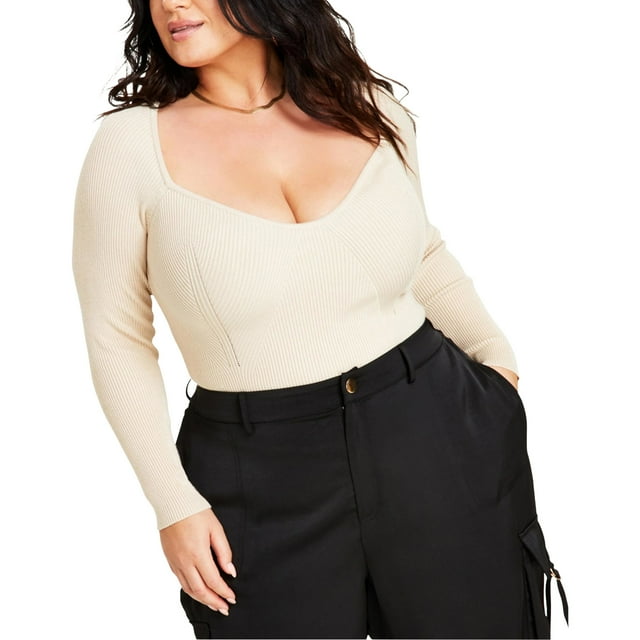 Nina Parker Womens Ribbed Fitted Sweetheart Pullover Sweater, Beige, Plus Size, 3X