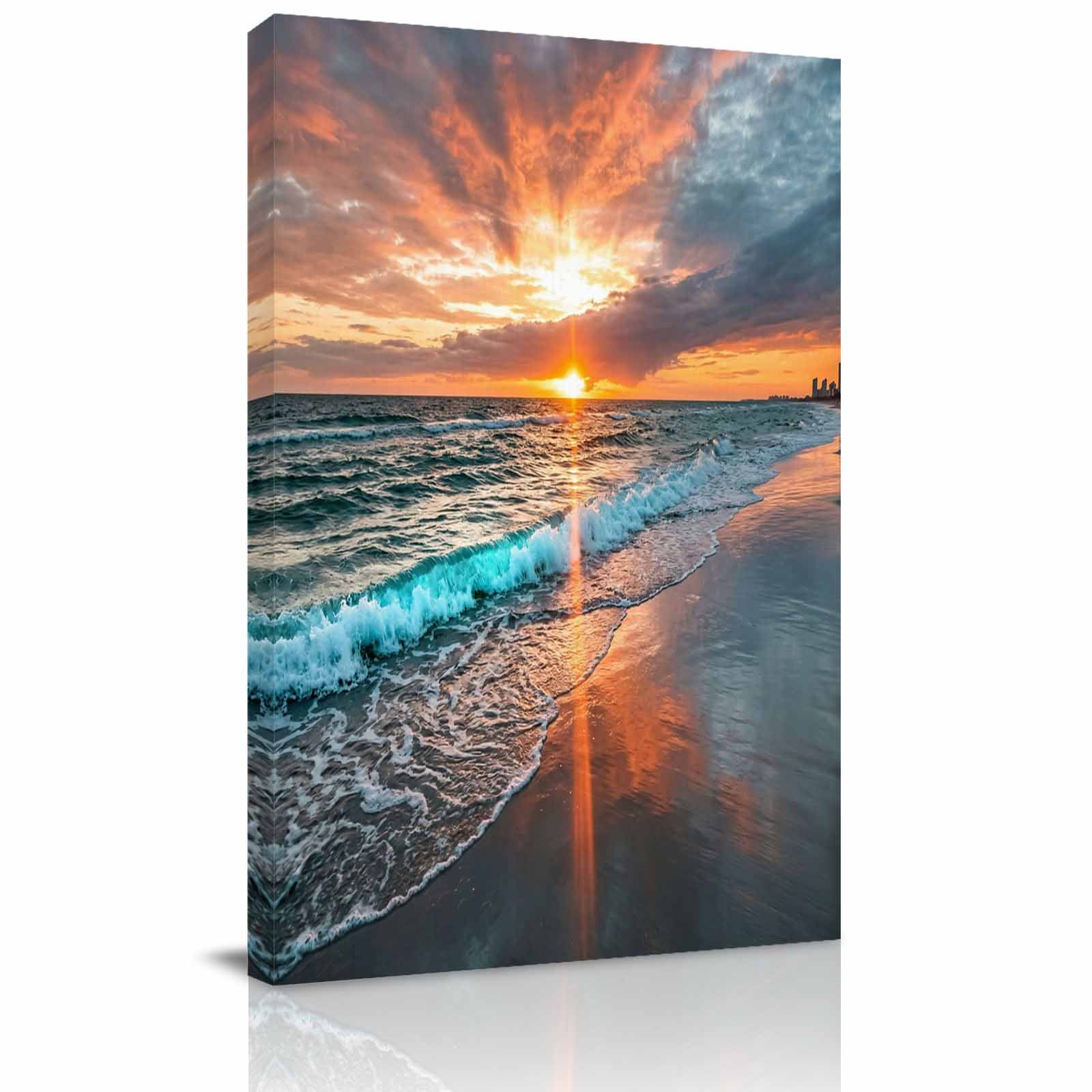 Canvas Wall Art Coastal Sunset Framed Canvas Prints for Living Room Bedroom Summer Orange Beach Nautical Natural Scenery Extra Large Gallery Wrapped Wall Decor for Home Office Gifts 24 x36