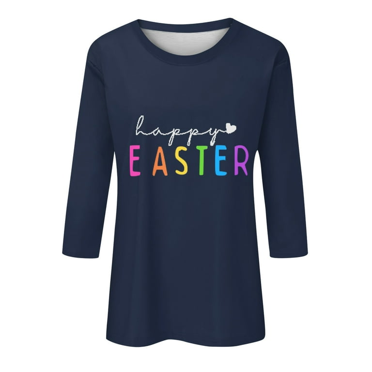 UoCefik Easter 3/4 Sleeve Tops for Women Petite Egg Easter Print Plus Elbow  Sleeve Tee Bunny Loose Fit Fitted Shirts for Women Rabbit Graphic Crew