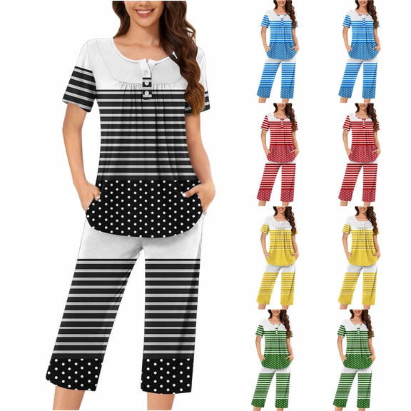 TARIENDY Plus Size Pajama Sets for Women 2 Piece Striped Pjs Set Short Sleeve Loungewear Tops and Cropped Pants Crewneck Nightwear Sets Yellow XXXL
