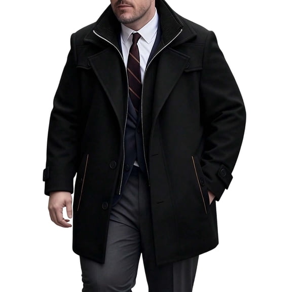 WRKEKC Winter Coats for Men Solid Mid Length Wool Blend Business Overcoat with Notch Lapel and Single Breasted Button