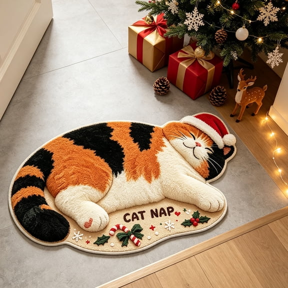 Christmas Cute Cat Shaped Area Rug- Multiple Sizes Soft Fluffy Plush Kitty Rug with Non-Slip Backing, Adorable Cat with Yarn Ball Floor Mat for Bedroom Living Room, Animal Shape Carpet for Home Decor