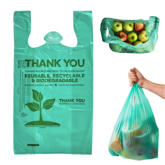 100 Pcs Biodegradable T-Shirt Bags with Handles, 22 x 12 in, Green Thank You Carry Out Bags for Grocery, Retail, Restaurant and To-Go Use