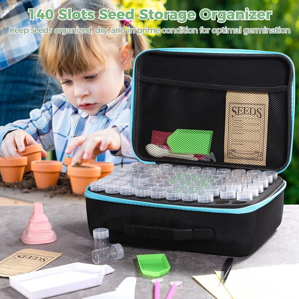 140 Slots Seed Storage Organizer Box, 140 Seed Containers& 20 Seed Envelopes, EVA Carry Case with Seed Boxes, Label Stickers, Funnel, Garden Seed Keeper Set for Vegetable, Fruit, Flower Seeds
