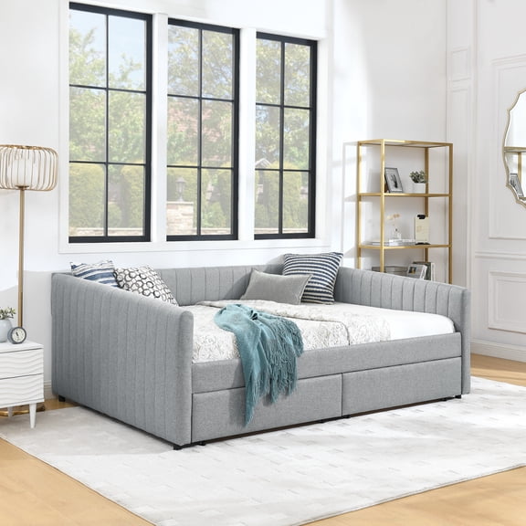 Noble House Denita Queen Size Daybed, Vertical Striped Linen Upholstered Sofa Bed with Storage Drawers, Grey