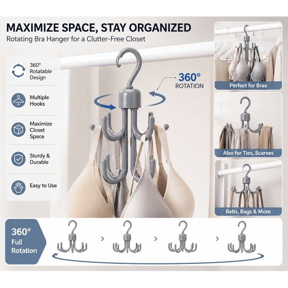 Space Saving Rotating Tank Top Hanger, Multi-Function Closet Organizer Bra Hanger, 8 Hooks Clothes Accessory Hanger for Tank Tops, Bras, Hoodies, Hats, Scarves, Belts