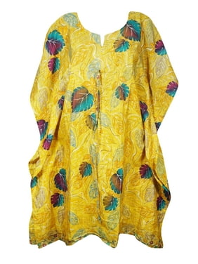 Mogul Women Yellow Caftan Tunic Dress Recycled Silk Sari Printed Resort Wear Beach Cover Up Housedress Holiday Kaftan One Size