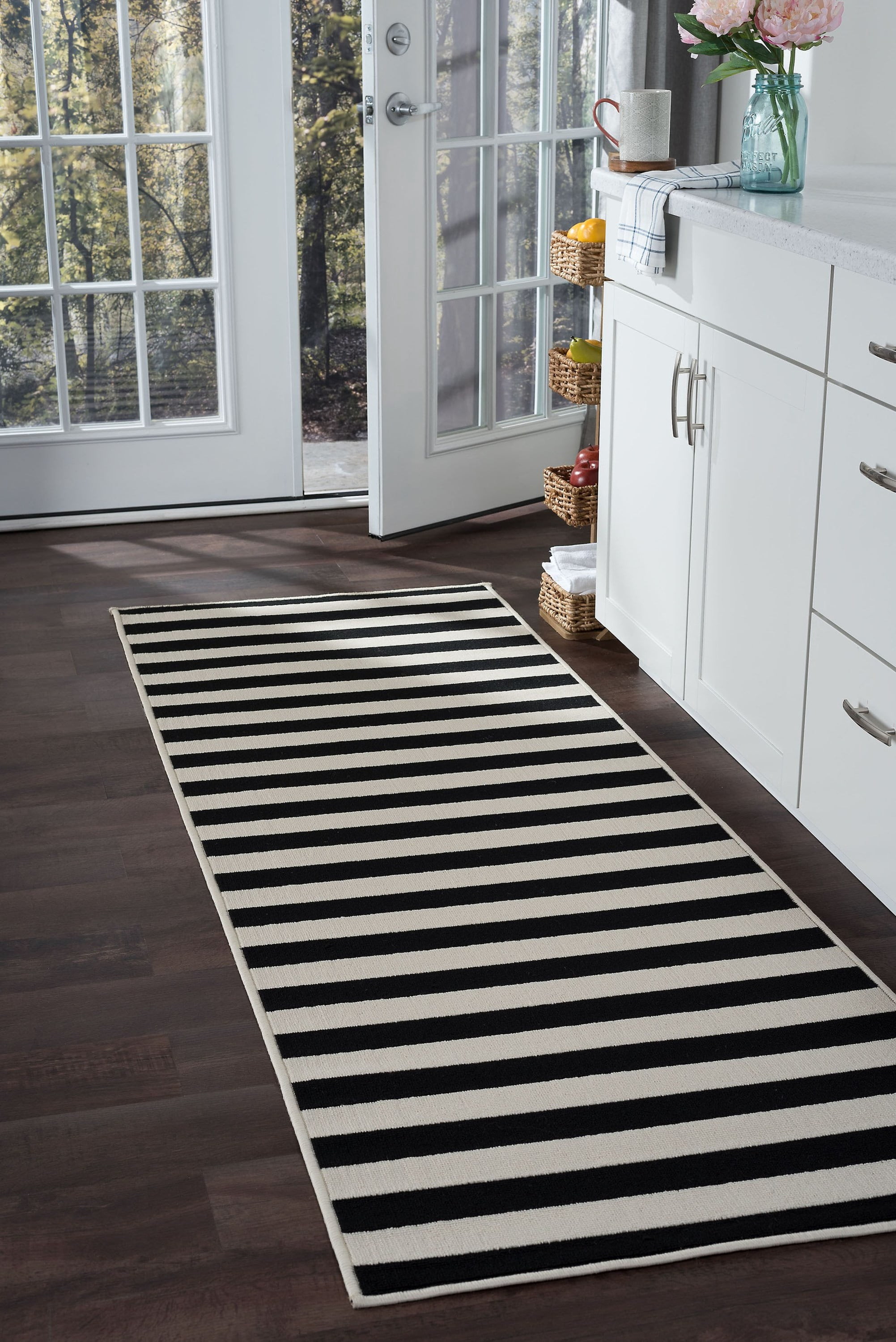 3x8 Water Resistant, Indoor Outdoor Runner Rugs for Patios, Hallway, Entryway, Deck, Porch, Balcony or Kitchen | Outside Area Rug for Patio | Black, Stripe | Size: 2'7'' x 7'3''
