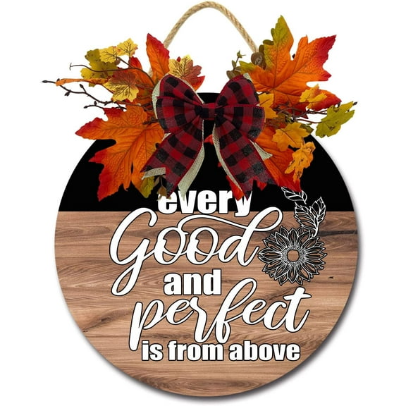 Eveokoki 12" Faith Family Friends Front Door Decor for Farmhouse Porch Decorations, Rustic Door Wreaths Sign with Fall Leaves, Round Wooden Hanging Sign
