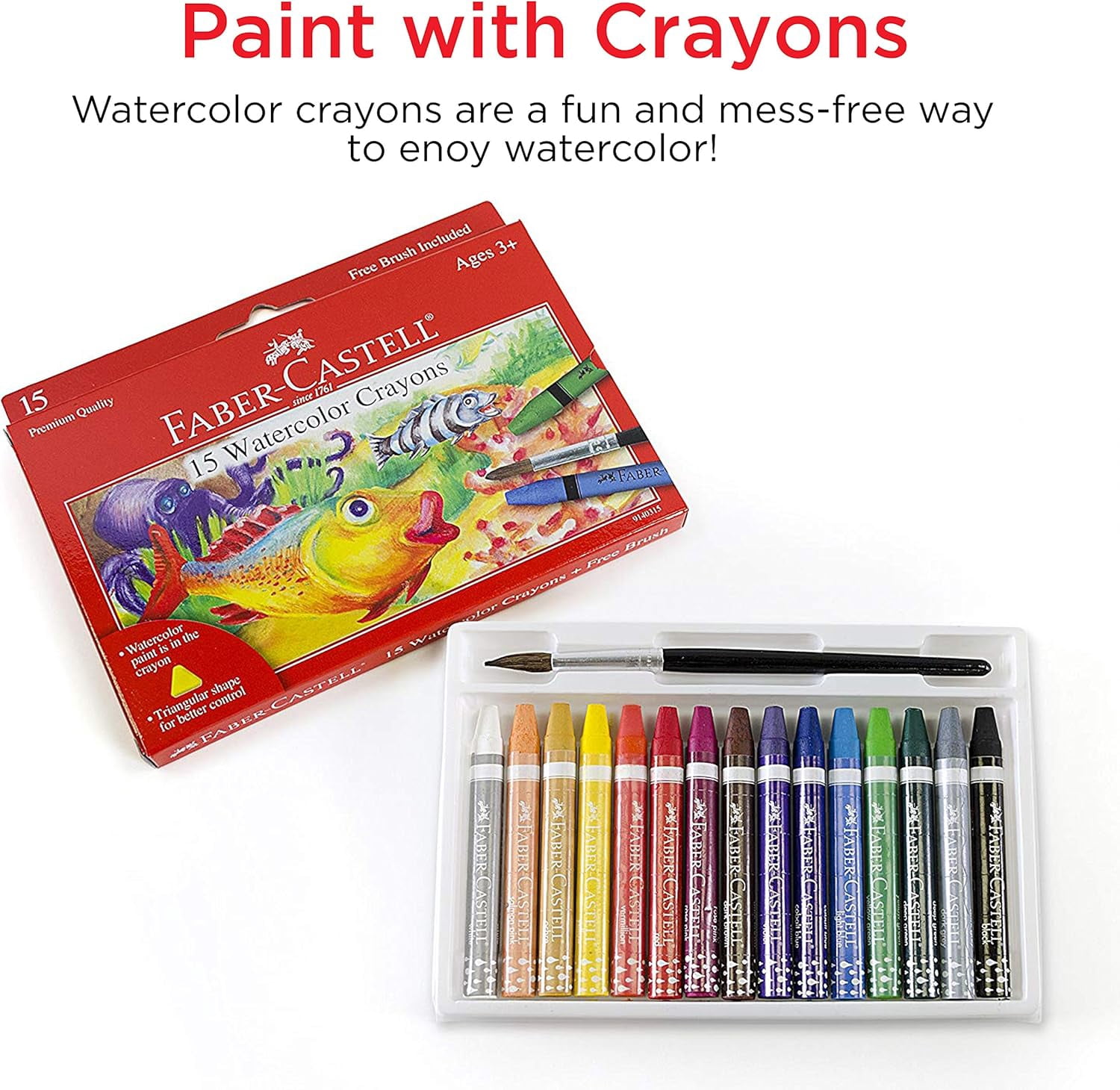 Faber-Castell Watercolor Crayons with Brush, 15 Colors - Art Supplies for Kids