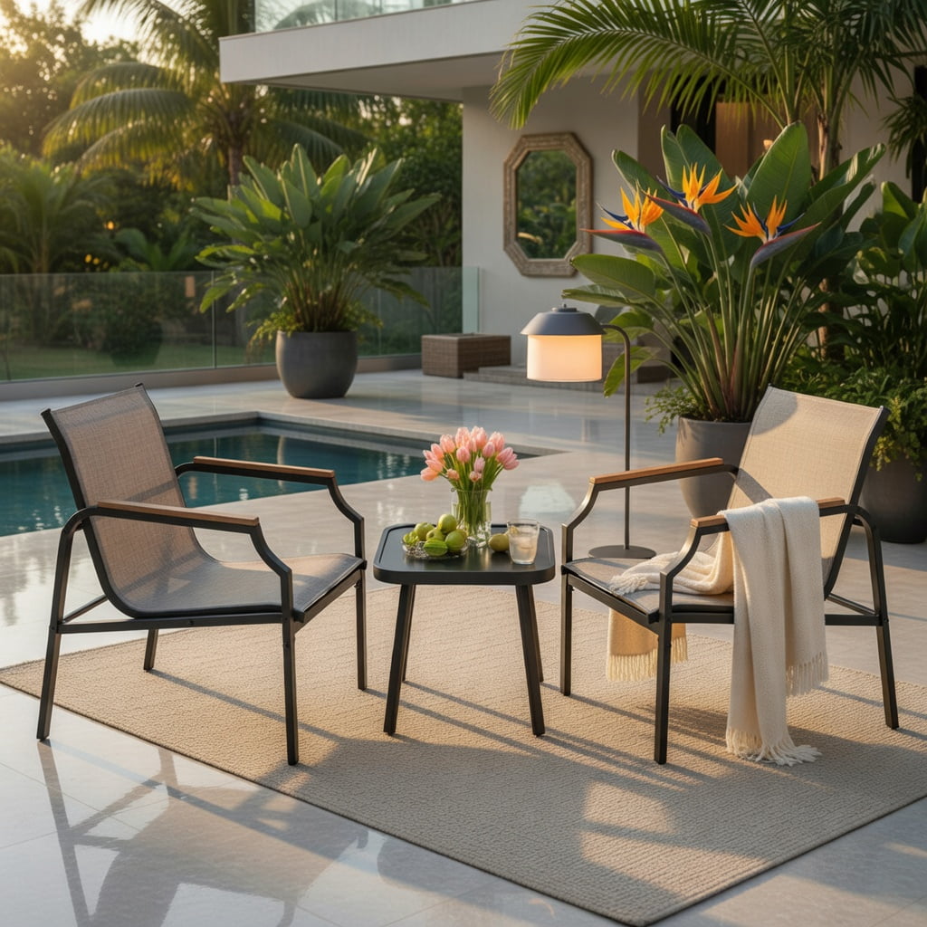 Hommoo 3-Piece Outdoor Patio Furniture Set, 2 Ergonomic Metal Chairs + Tempered Glass Coffee Table, Breathable Fabric Seats, Brown