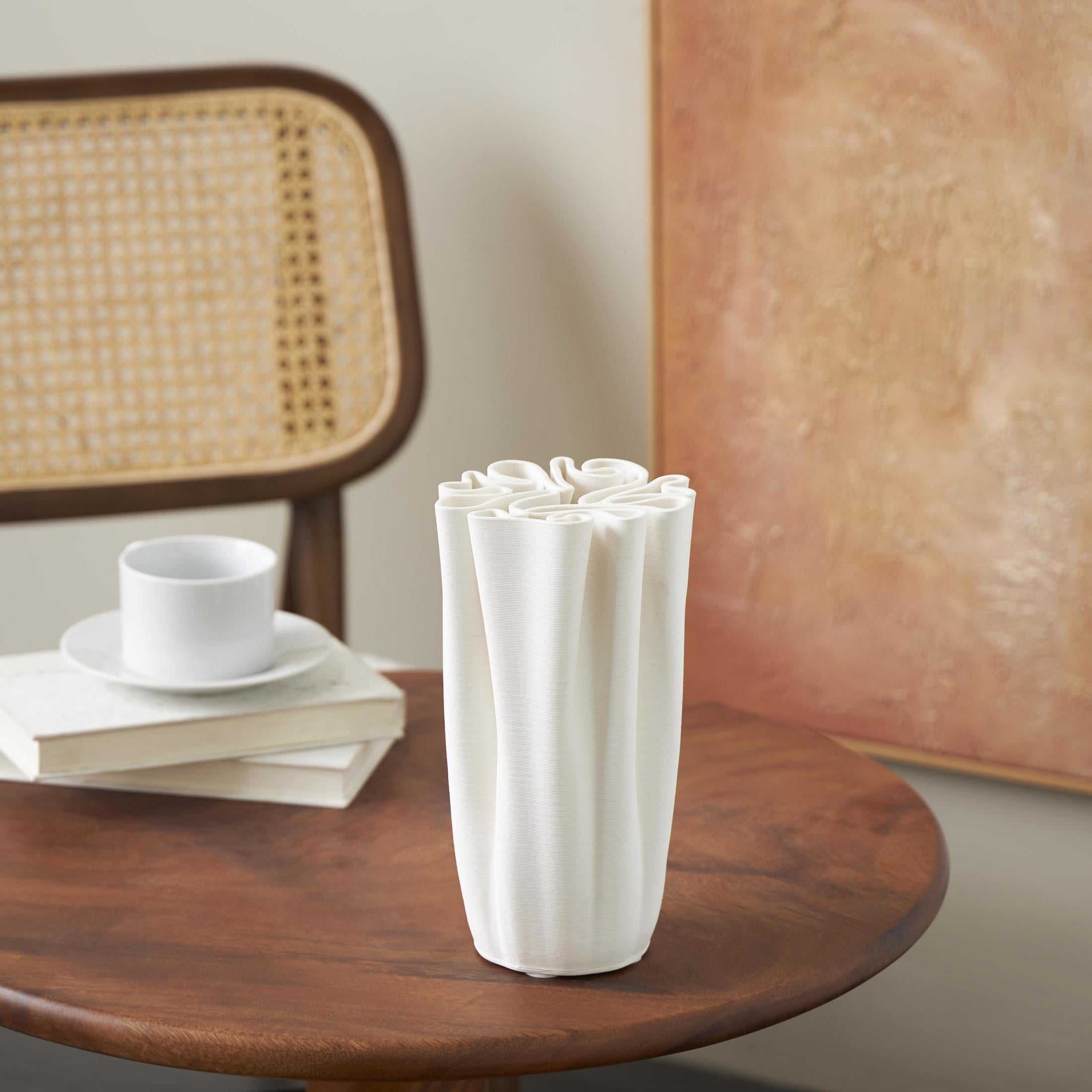 DecMode 10" Abstract Ribbed Dimensional Folded White Ceramic Vase with Compact Wavy Rim