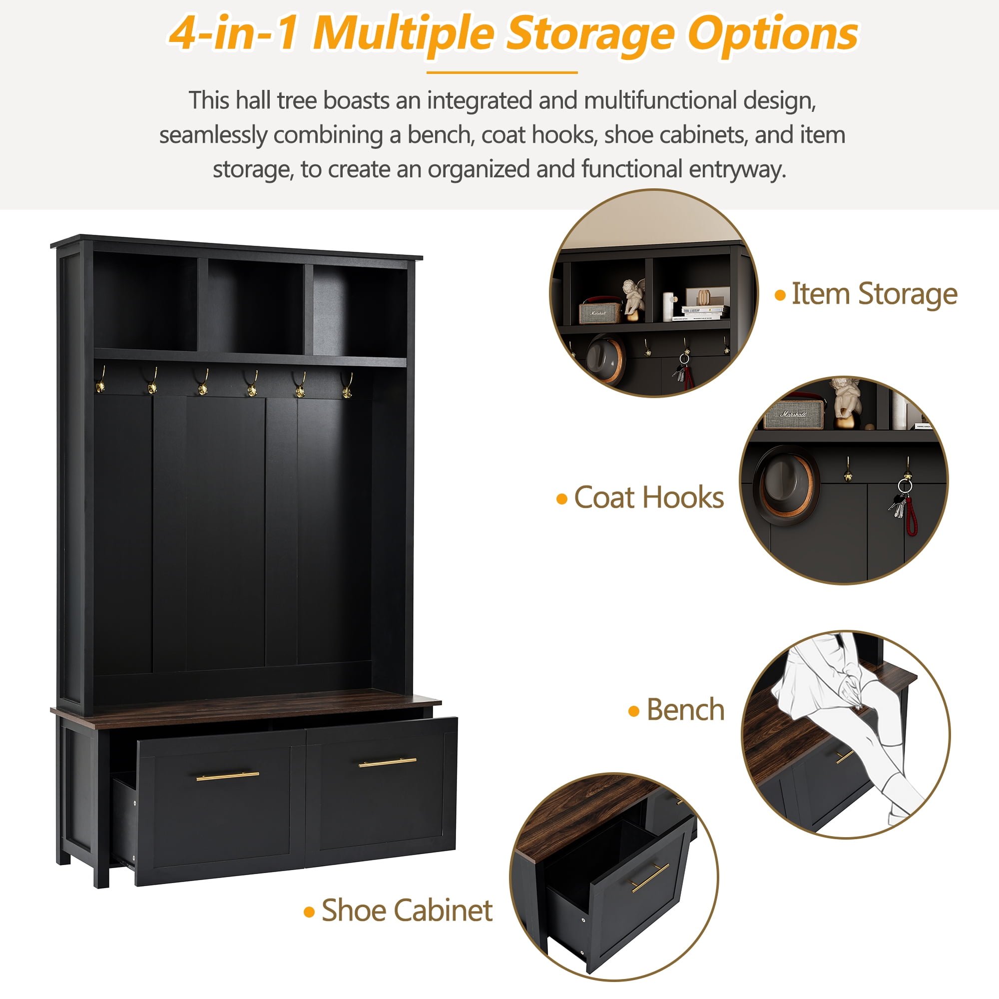 Mintazer 76.6"H Entryway Hall Tree with Bench & 2 Storage Drawers, 4-in-1 Entryway Organizer with Open Hutch Cubbies & 6 Golden Hooks for Mudroom Hallway, Black